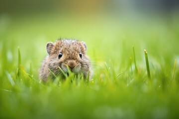 vole pausing on a grass patch, looking alert
