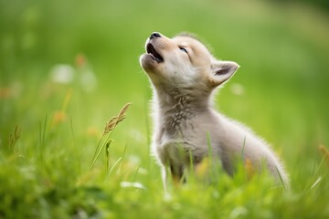 young wolf pup learning to howl on a grassy knoll