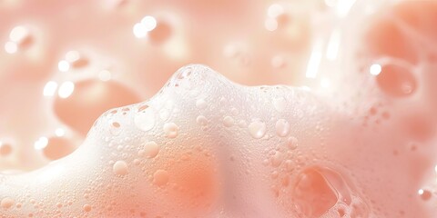 Closeup of white soap foam on soft peach-pink background. Abstract backdrop for beauty concept. AI generated image. 