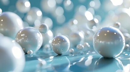  a group of white balls sitting on top of a blue surface with water droplets on the bottom of the balls.