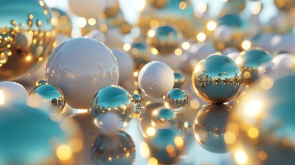 a bunch of shiny blue and white balls on a reflective surface with a blue sky in the backround.