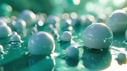  a group of white balls sitting on top of a green surface with drops of water on the bottom of them.