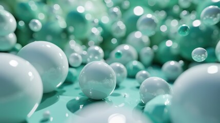  a group of white and blue balls floating on top of a pool of green and white liquid with drops of water on the bottom of the balls.