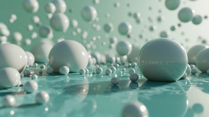  a group of white balls floating on top of a blue surface with drops of water on the bottom of them.