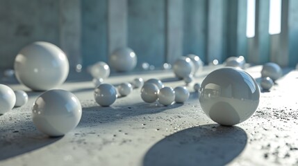  a group of white balls sitting on top of a cement floor next to each other on top of a table.