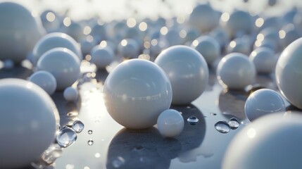  a group of white balls sitting on top of a table next to water droplets on the surface of the table.