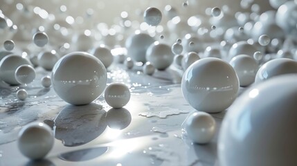  a table topped with lots of white balls on top of a white table cloth next to a wall of white balls.