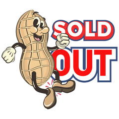 vector vintage illustration of cute peanut character mascot jumping dancing tapping both feet in front of sold out writing, work of handmade