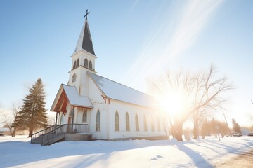 Fototapeta na wymiar sunlight casting shadows on a snow-cloaked country church