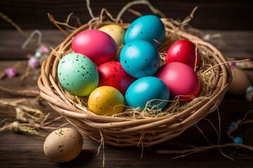 Fototapeta na wymiar Colorful eggs in a basket, symbolizing spring and Easter. Generative AI