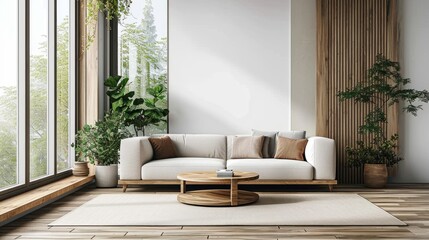 Modern Minimal clean contemporary living room white walls wood furniture home interior design daylight background,beige sofa couch in living room daylight from window freshness moment mock up interior