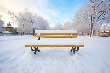 fresh snow on bench with a single footprint path