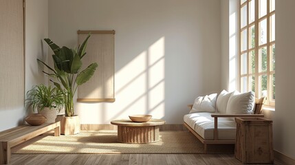 Modern Minimal clean contemporary living room white walls wood furniture home interior design daylight background,beige sofa couch in living room daylight from window freshness moment mock up interior