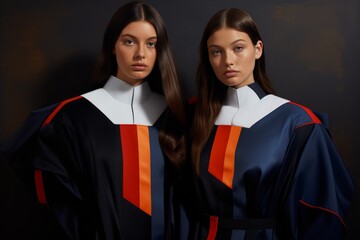 Two women in academic gowns posing against a dark background.