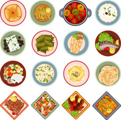 Greek cuisine icons set cartoon vector. Feta chicken food. Salad bowl