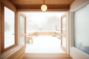 sauna interior with visibility to snowy exterior through slats