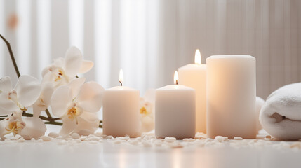 Serenity in White, Orchids and Candles for Luxury Beauty, Cosmetic, Skincare, Body Care, Aromatherapy, Spa Product Display Background