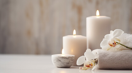Obraz na płótnie Canvas White Candles, Orchids, and Plush Towels for Luxury Beauty, Cosmetic, Skincare, Body Care, Aromatherapy, Spa Product Display Background,Tranquil Elegance