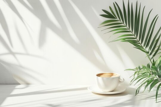 Watercolor painting of cup of coffee with sun light from window white background.