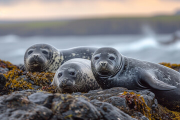 Harbor Seals Lounging on Coastal Rocks