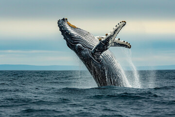 Humpback Whale Breaching in Ocean with Splash - obrazy, fototapety, plakaty