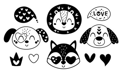 Valentines day clipart set. Black and white animal faces clipart. Cute Animal heads clip art. Cartoon fox, dog, lion in flat style. Vector illustration.