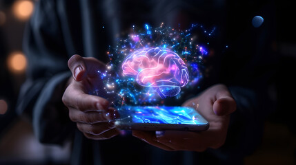 hands holding a smartphone with holographic brain floating above it, representing advanced futuristic mobile technology