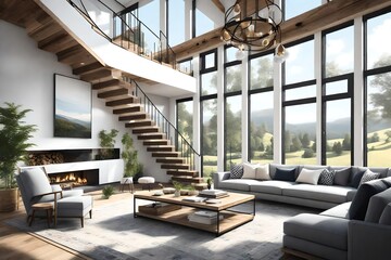 Blend industrial and farmhouse design elements in the living room, with a focus on a striking wooden staircase as a unique feature.