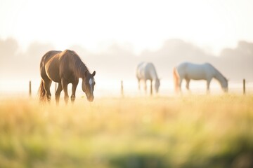 horses eating grass in early morning haze