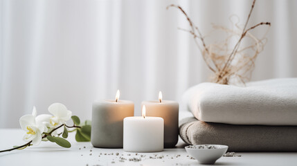 Fototapeta na wymiar Spa Still Life with Candles, Orchid, Towels, and Rustic Decor for Relaxing Atmosphere in Spa, Wellness Center, or Home Bathroom,Tranquil Elegance