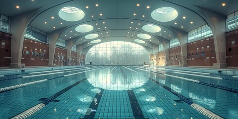 view of the Olympic swimming pool with views of the city through the window