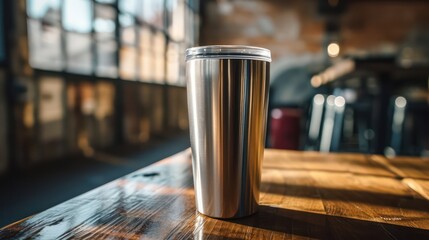 A stainless steel tumbler placed on a wooden table for promotional purposes. Blank space is available for customization