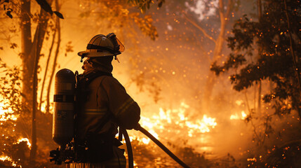Fototapeta premium Fireman working on open fire, burning forest background.
