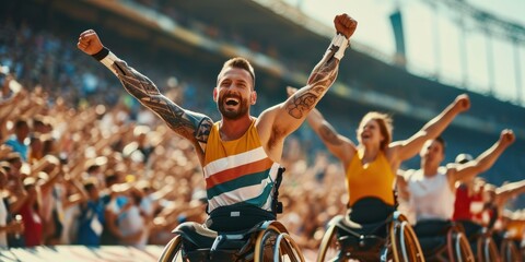 Men's Paralympic Games athletes celebrate as they cross the finish line in a stadium - obrazy, fototapety, plakaty
