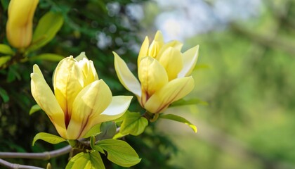 Magnolia flowering in the garden, with copy space