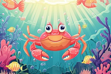 Cartoon crab with beautiful underwater world. Vector illustration cartoon style