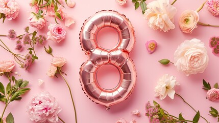Number "8" shape rose gold foil ballon with roses, peonies and ranunculuses on a pastel pink background,  March 8 celebration