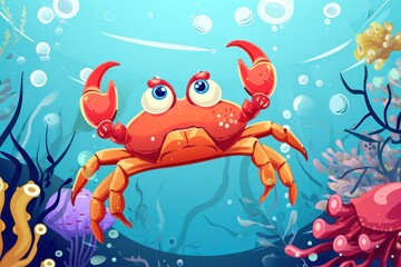 Fototapeta na wymiar Cartoon crab with beautiful underwater world. Vector illustration cartoon style