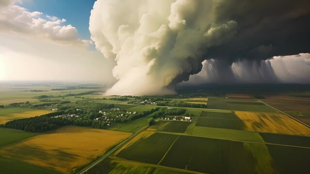 A sweeping aerial shot reveals a destructive funnel cloud ripping through acres of lush farmland.
