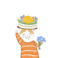 A funny cat holding a flower bouquet and a bunch of fish on its head.