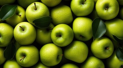 many fresh green apples, flat lay, top view.