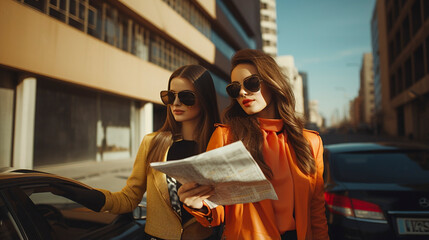 Obraz premium Map of Laughter: Women's Smiles Illuminate European Destinations, generative ai