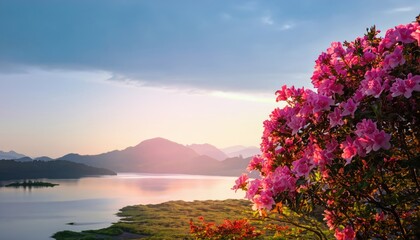 Azalea flowering in the garden, with copy space