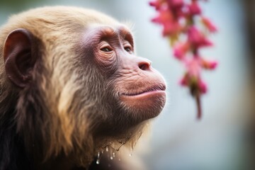 capuchin sniffing a colorful blossom