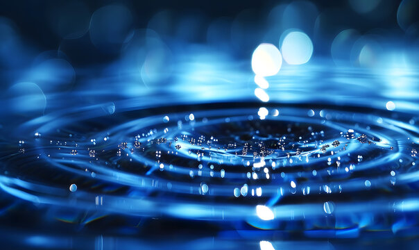Drops and circles on blue water surface, Generative AI © simba kim