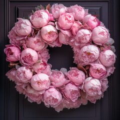A wreath of pink peonies hangs on a door