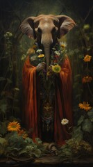 A painting of an elephant in a red robe surrounded by flowers