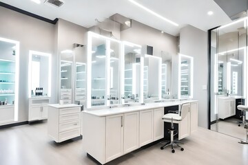 Bright empty cosmetology cabinet in modern beauty clinic. Interior of beautician room in aesthetic medicine salon 