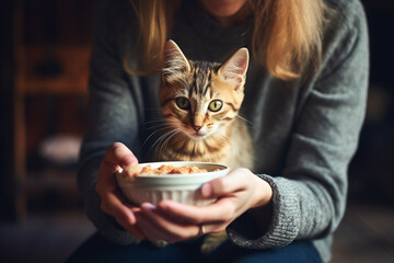 A young woman feeding her cat. - obrazy, fototapety, plakaty