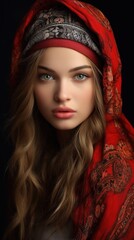 A beautiful young woman wearing a red scarf